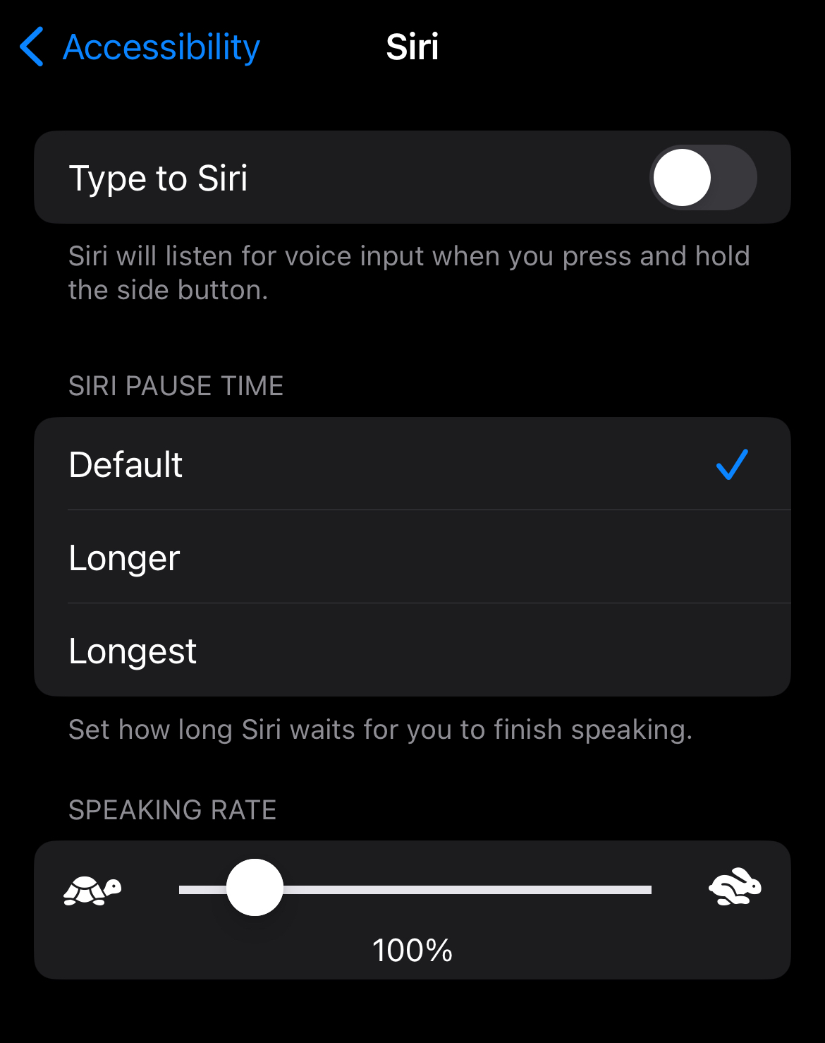 Đây là ảnh chụp màn hình các chức năng trợ năng của Siri.